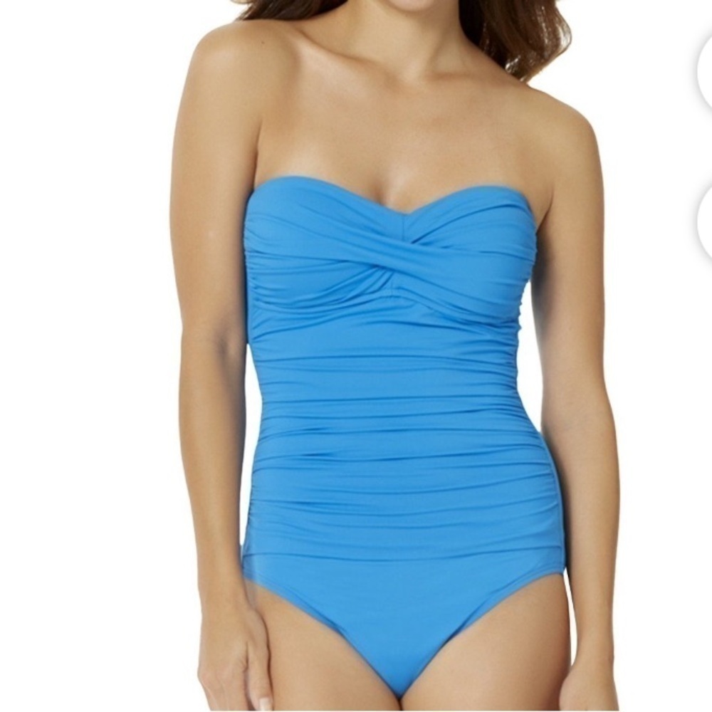 Anne Cole Blue Twist Front Shirred Bandeau One Piece Swimsuit - Picture 2 of 11